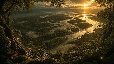 a wide river delta seen from above at sunset, no people — Forestcore Aesthetic wallpaper