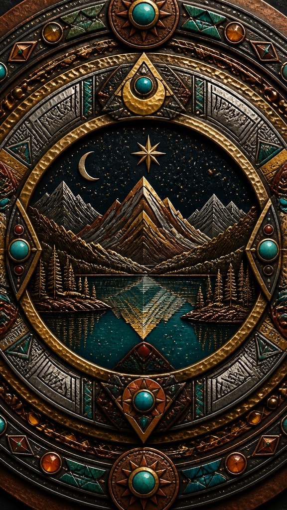 a tranquil mountain lake beneath a starry night sky, no people, no text — Ethnic Tribal Jewelry Design phone wallpaper