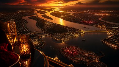 a wide river delta seen from above at sunset, no people — Night Luxe Aesthetic wallpaper