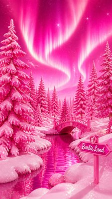 a snowy pine forest under the northern lights, no people — Barbiecore Aesthetic wallpaper
