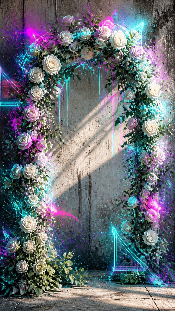 an arch of white roses and eucalyptus in soft morning light, elegant vertical composition with open space, no text — Augmented Reality Graffiti wedding invitation