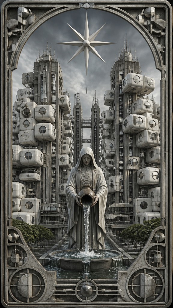 a robed figure pouring water beneath a large eight-pointed star in a night sky, symmetrical composition with an ornate decorative border, no text — Metabolist Architecture tarot card