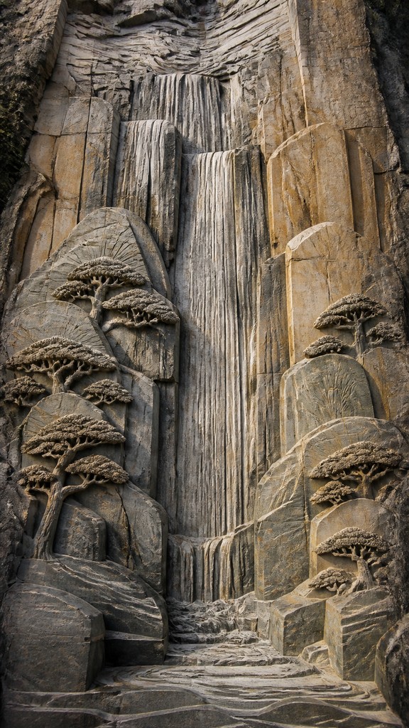 towering waterfall cascading down a cliff — Stone Carving Sculpture Art Style