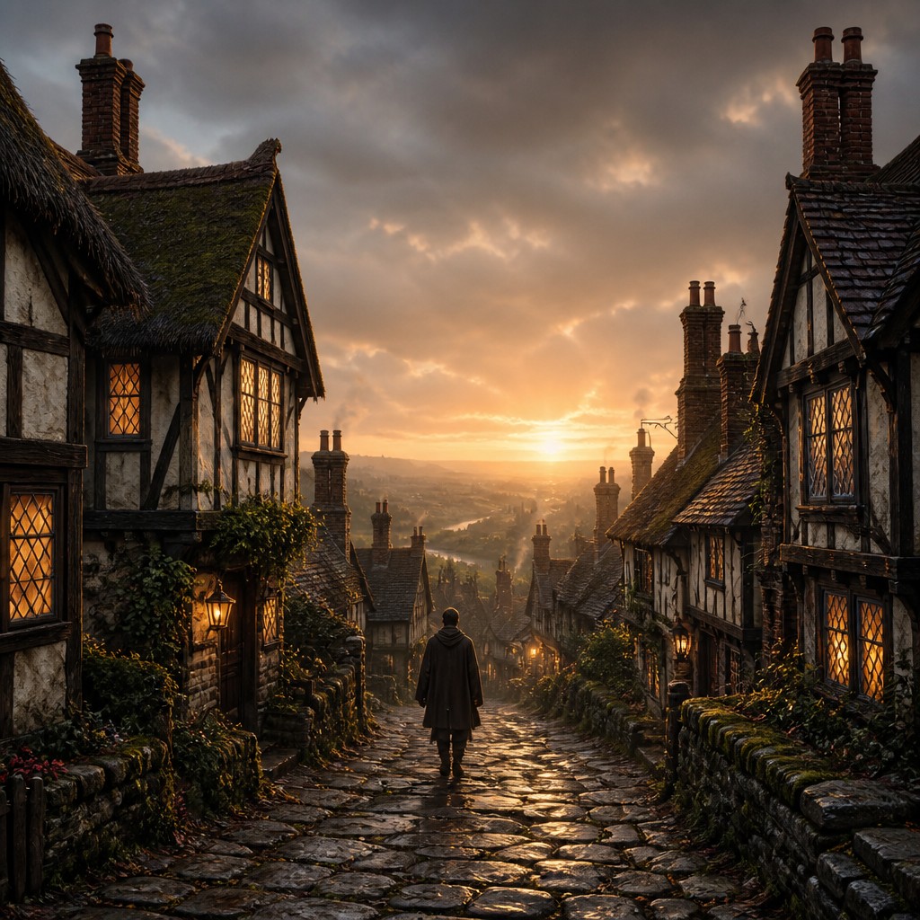 a solitary figure walking toward a glowing horizon across an empty plain, moody atmosphere, no text or lettering — Tudor Architecture Style album cover