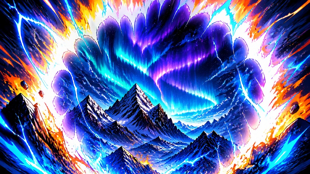 a flowing aurora over snowy peaks, wide sweeping composition, no people, no text — Shounen Power-Up Aura Portrait banner
