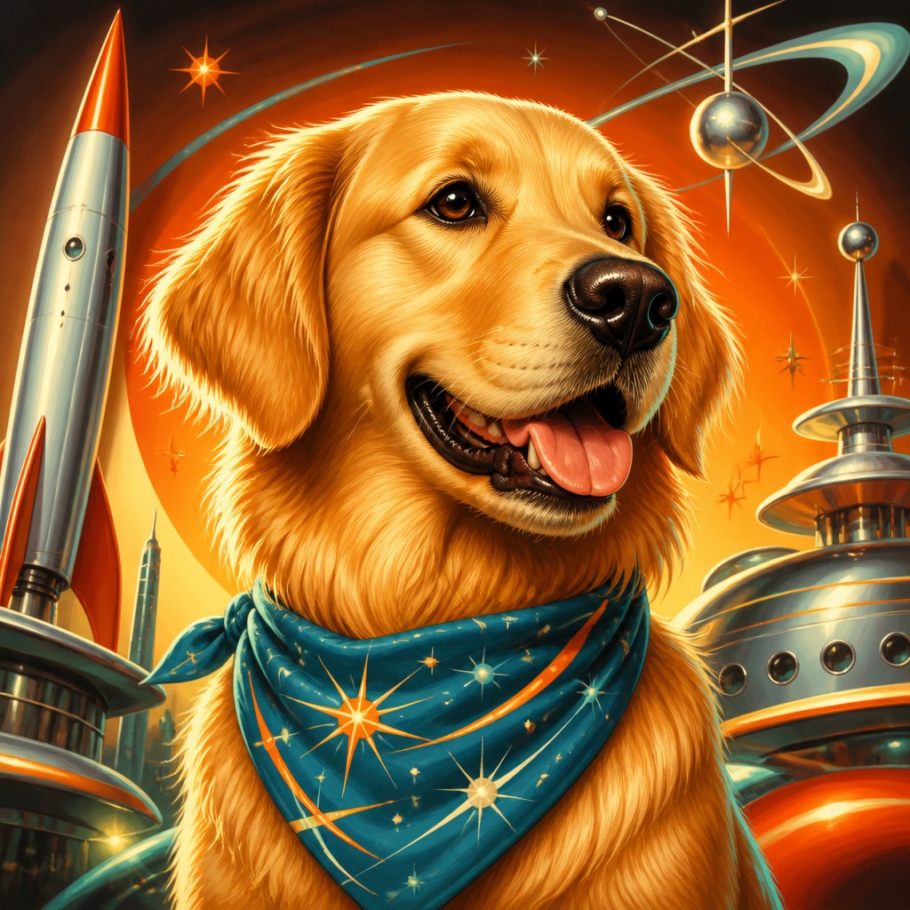 portrait of a golden retriever wearing a blue bandana, warm plain backdrop, no text — Retro Futurism Sci-Fi Art pet portrait