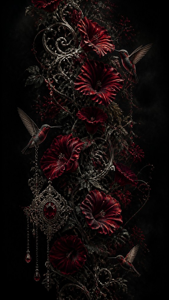 a climbing vine of flowers and hummingbirds on a dark background, tall wrapping composition, no text — Gothic Fashion Design phone case design