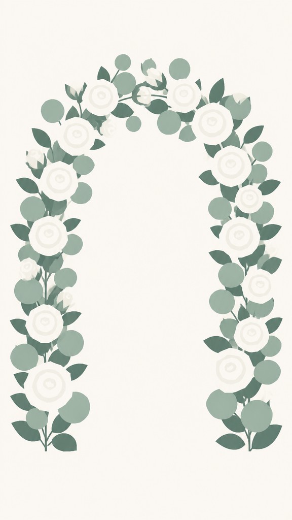 an arch of white roses and eucalyptus in soft morning light, elegant vertical composition with open space, no text — Minimalism Art Style wedding invitation