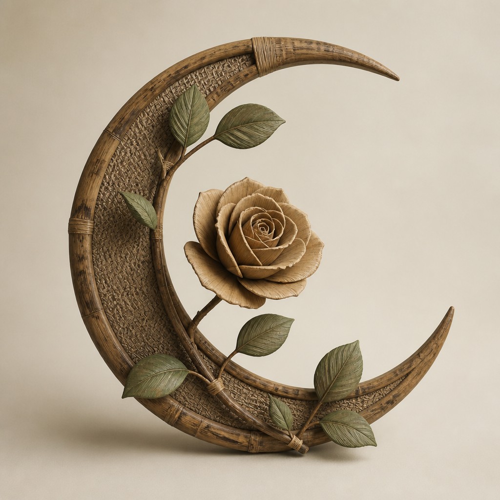 a rose entwined with a crescent moon, clean balanced composition on a plain background, no text — Sustainable Eco Furniture Art tattoo design