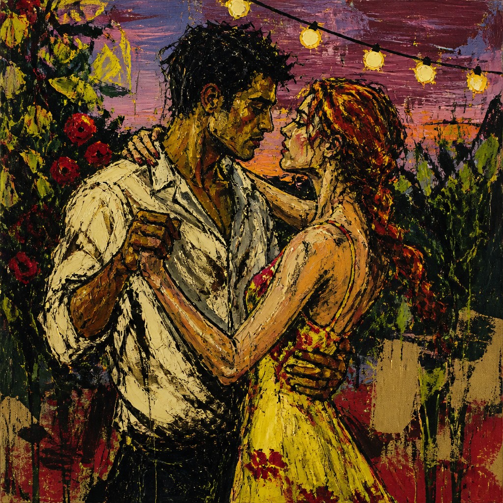 an original couple dancing under string lights in a garden at dusk: a man with short black hair in a linen shirt and a woman with braided red hair in a summer dress — Neo-Expressionist Figurative Art Style couple portrait
