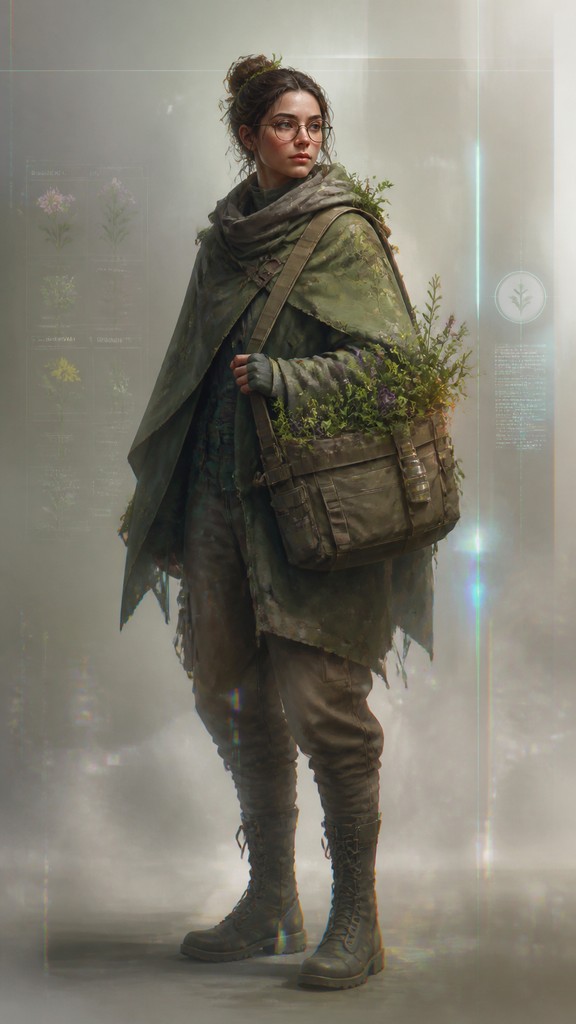 full-body original character: a wandering botanist with a satchel of plants, a patched green cloak, tall boots and round glasses, neutral background — Contemporary Digital Landscape Art Style character design