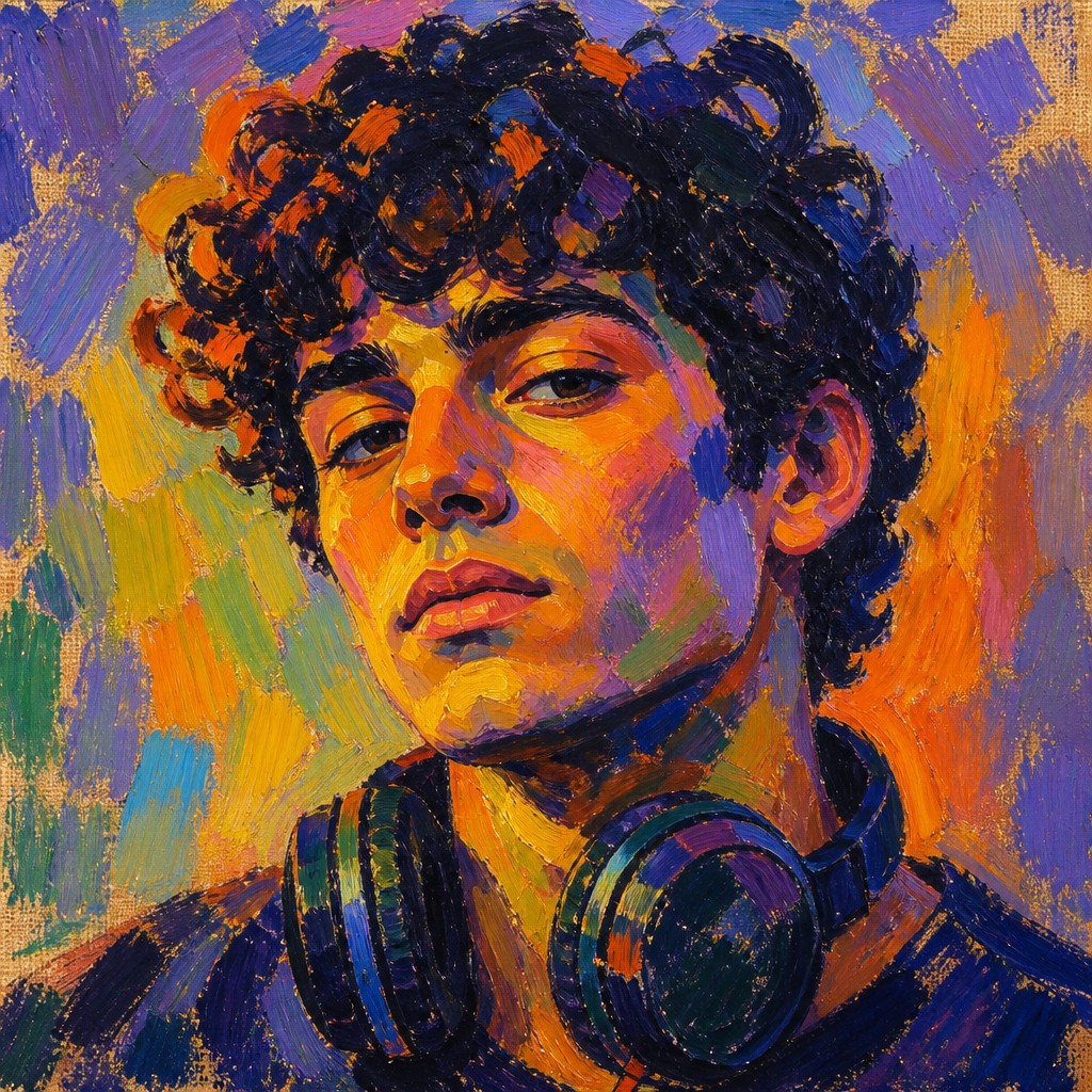 head-and-shoulders portrait of an original character: a young man with curly dark hair and headphones around his neck, plain backdrop, no text — Fauvist Impressionism Art Style Discord profile picture