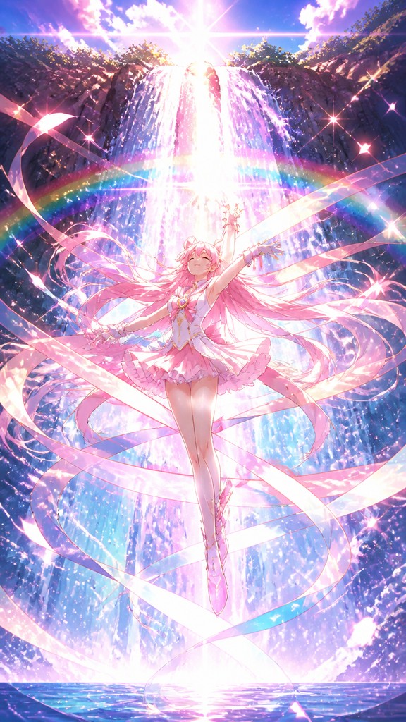 towering waterfall cascading down a cliff — Magical Girl Transformation Sequence