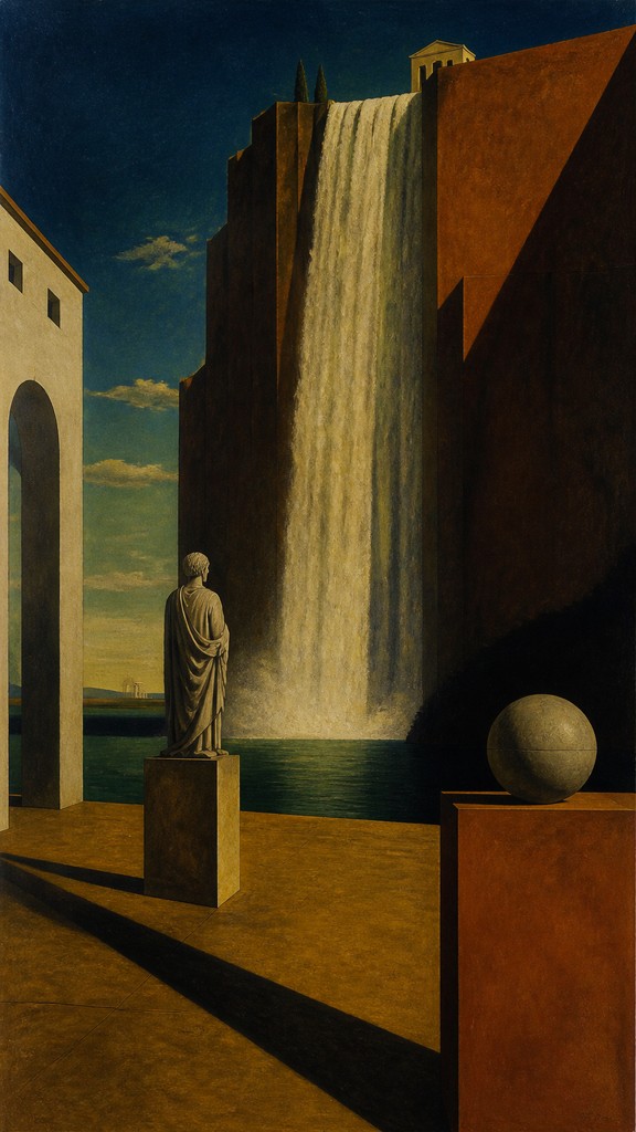 towering waterfall cascading down a cliff — Metaphysical Painting Art Style