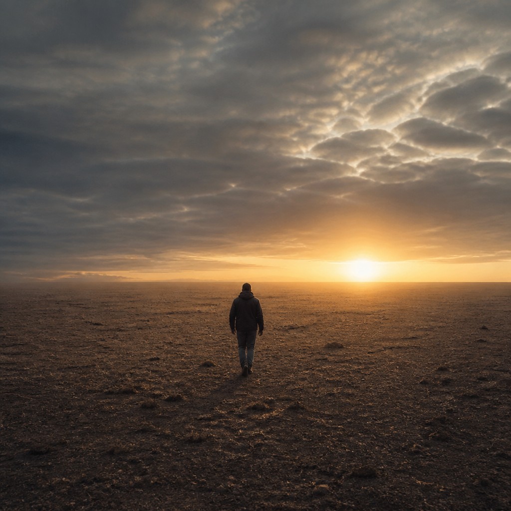 a solitary figure walking toward a glowing horizon across an empty plain, moody atmosphere, no text or lettering — Contemporary Realism Art Style album cover