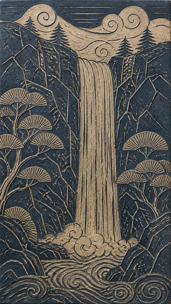 towering waterfall cascading down a cliff — Sgraffito Art Style