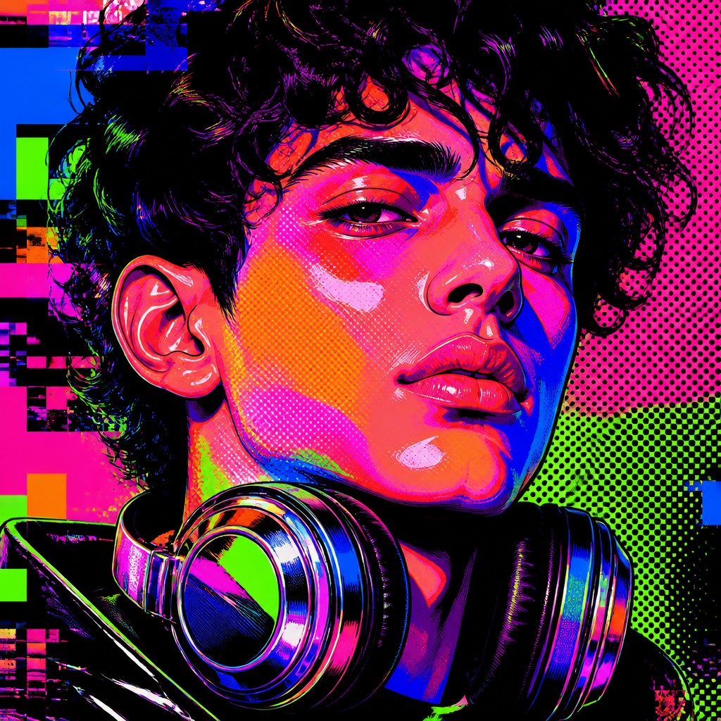 head-and-shoulders portrait of an original character: a young man with curly dark hair and headphones around his neck, plain backdrop, no text — Neo-Pop Art Style Discord profile picture