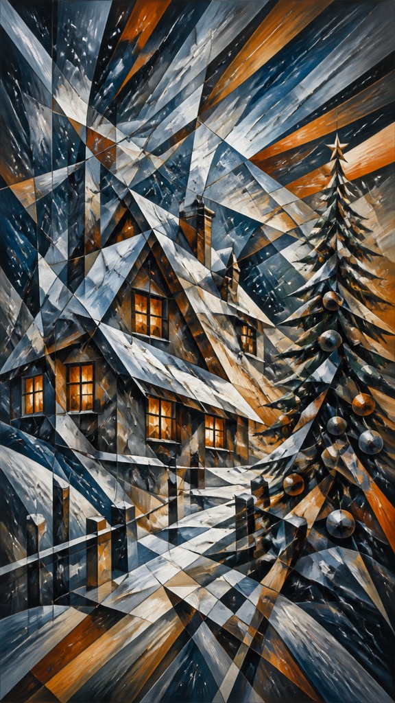 a snow-covered cottage with warm glowing windows beside a decorated pine tree, gentle snowfall, no text — Cubo-Futurism Art Style Christmas card