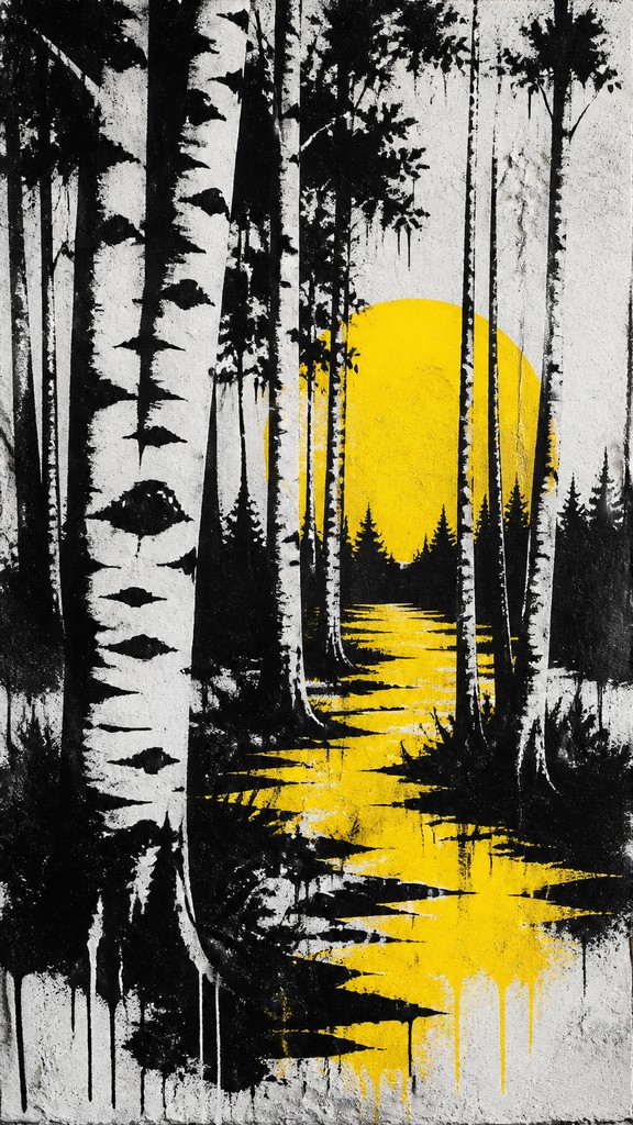 a serene birch forest in soft morning light, no people, no text — Stencil Street Art Style wall art print