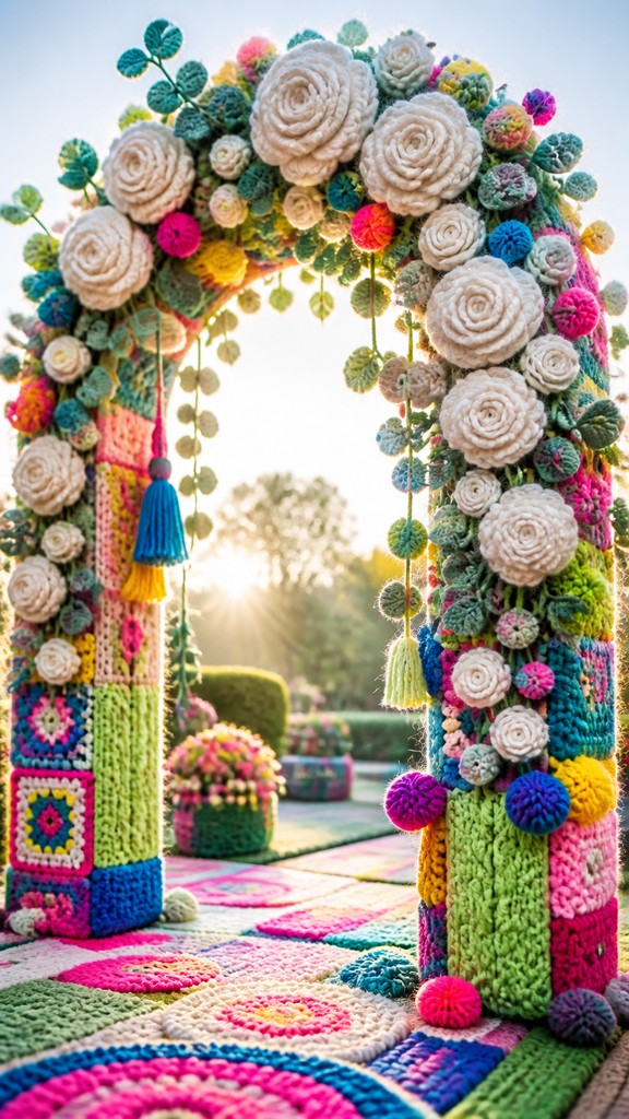 an arch of white roses and eucalyptus in soft morning light, elegant vertical composition with open space, no text — Yarn Bombing Street Art Style wedding invitation