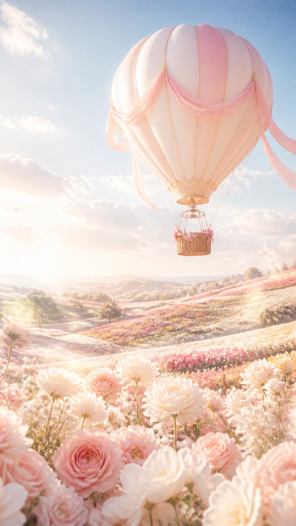 a hot air balloon drifting over rolling flower fields on a sunny day, cheerful, no text — Light Feminine Aesthetic greeting card
