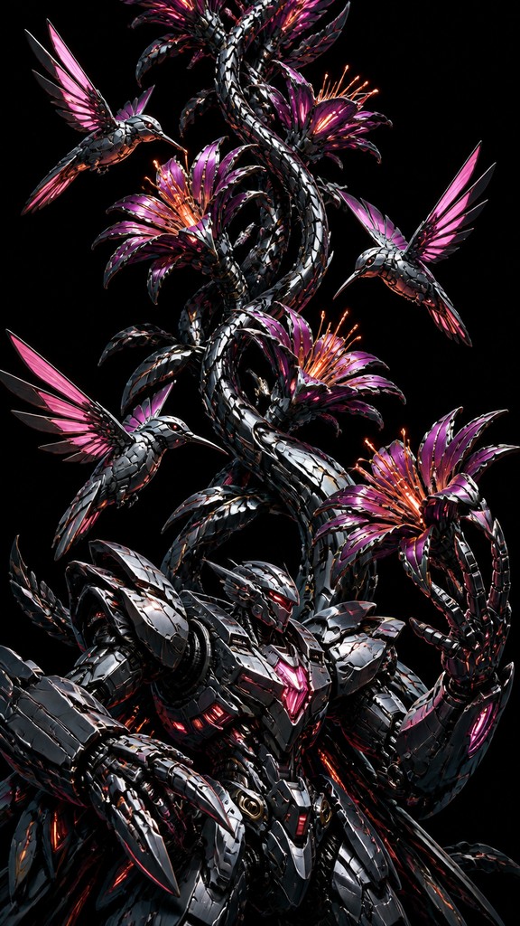 a climbing vine of flowers and hummingbirds on a dark background, tall wrapping composition, no text — Mecha Anime Art Style phone case design