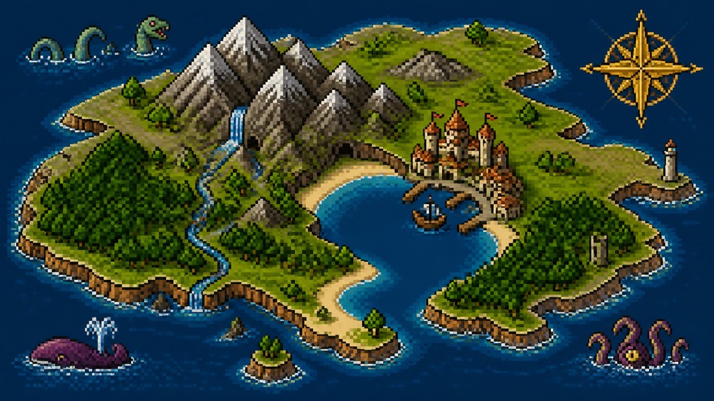 a map of an island realm with mountains, forests, a sheltered bay, sea monsters in the water and a compass rose, no text labels — Pixel Art Style fantasy map