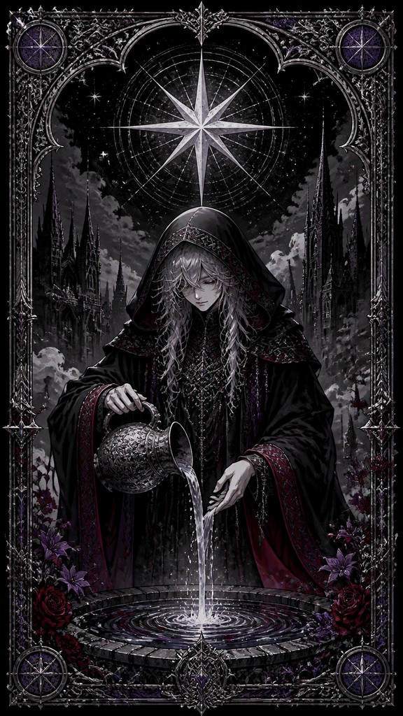 a robed figure pouring water beneath a large eight-pointed star in a night sky, symmetrical composition with an ornate decorative border, no text — Dark Gothic Anime Art Style tarot card