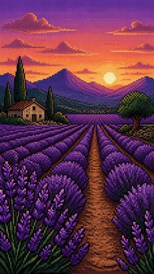 a field of lavender stretching to distant hills at dusk, no people — 16-Bit Pixel Art Style wallpaper