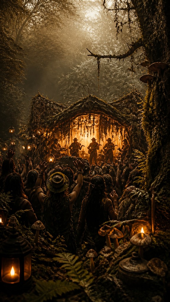 a live music scene with a glowing stage and silhouetted crowd, energetic vertical composition with open space at the top, no text — Goblincore Aesthetic flyer