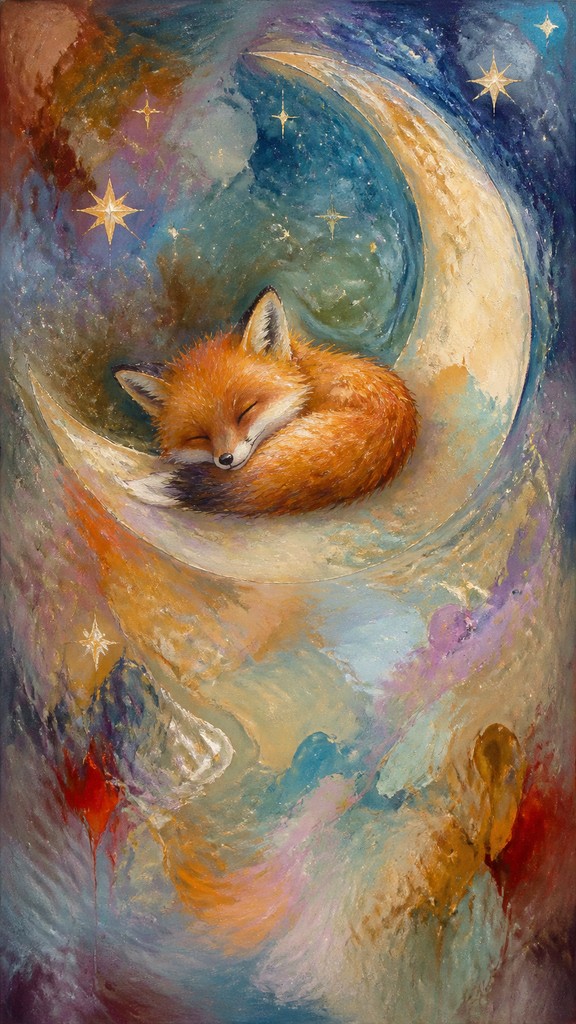 a sleeping baby fox curled on a crescent moon among soft stars, gentle and warm, no text — Lyrical Abstraction Art Style baby announcement