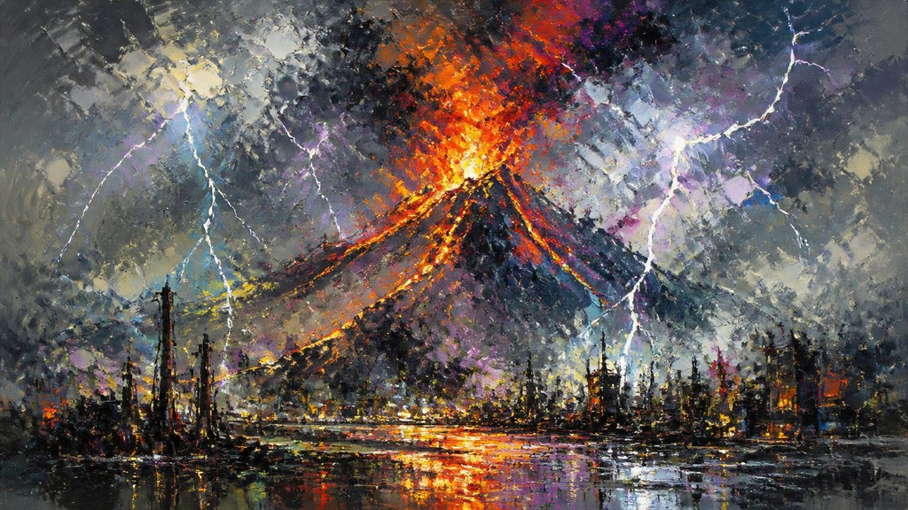 an erupting volcano with lightning strikes, dramatic wide composition, no text — Urban Impressionism Art Style YouTube thumbnail