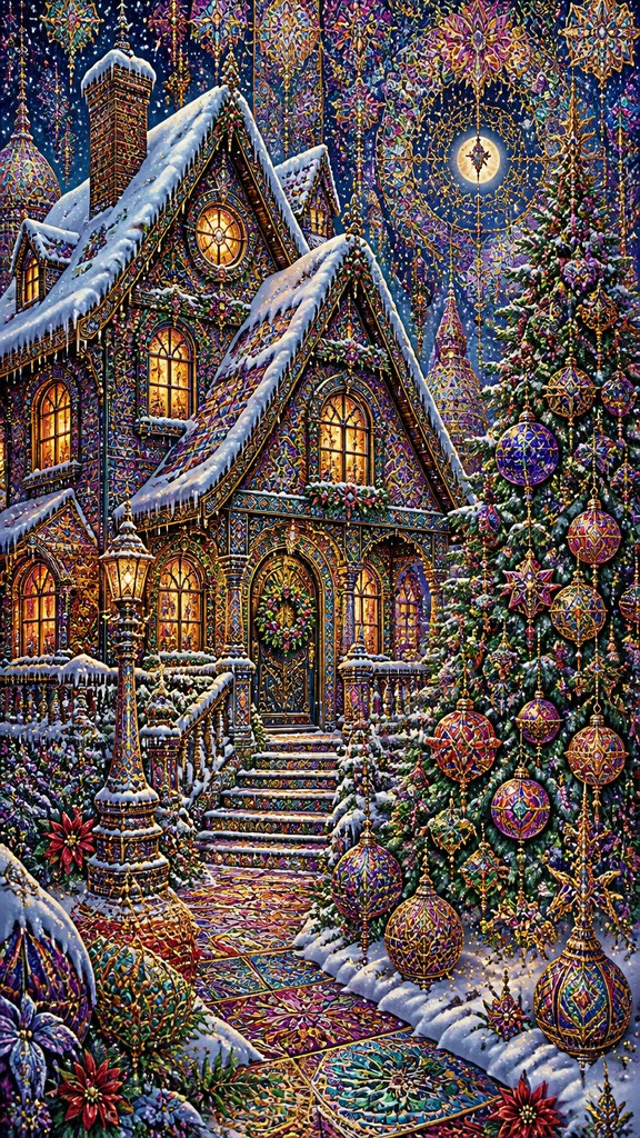 a snow-covered cottage with warm glowing windows beside a decorated pine tree, gentle snowfall, no text — Maximalism Art Style Christmas card