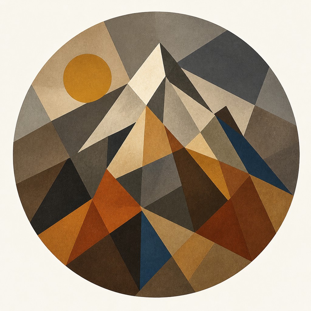 an emblem of a mountain peak inside a circle, simple bold shapes on a plain background, no text or lettering — Cubist Still Life Art Style logo concept