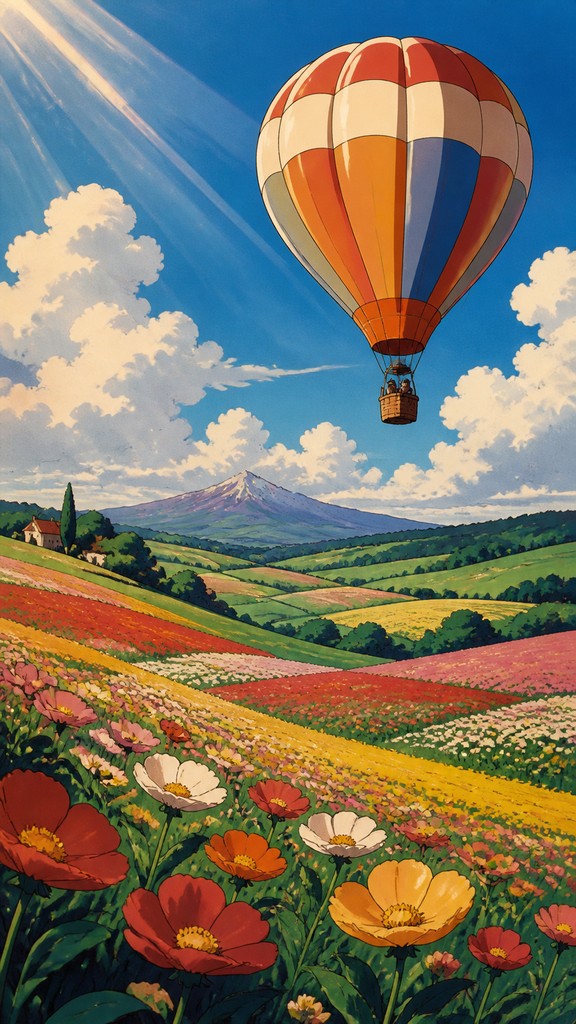a hot air balloon drifting over rolling flower fields on a sunny day, cheerful, no text — Classic 90s Anime Art Style greeting card