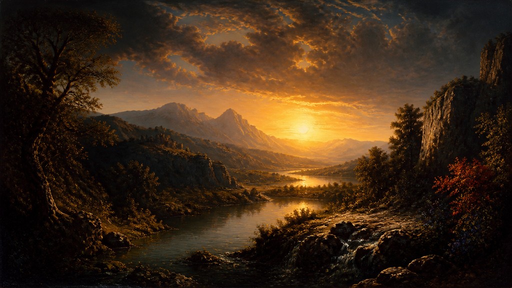 a vast valley with a river winding toward distant mountains at sunrise, no people, no text — Dutch Golden Age Still Life Art Style desktop wallpaper