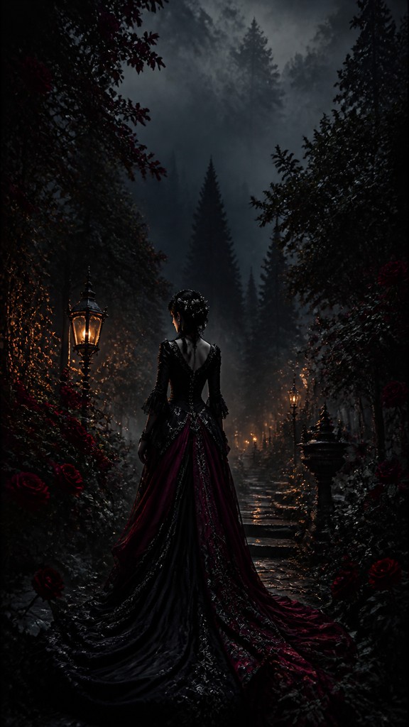 a mysterious forest path with fireflies and drifting mist, atmospheric vertical composition with open space at the top, no text — Gothic Fashion Design book cover