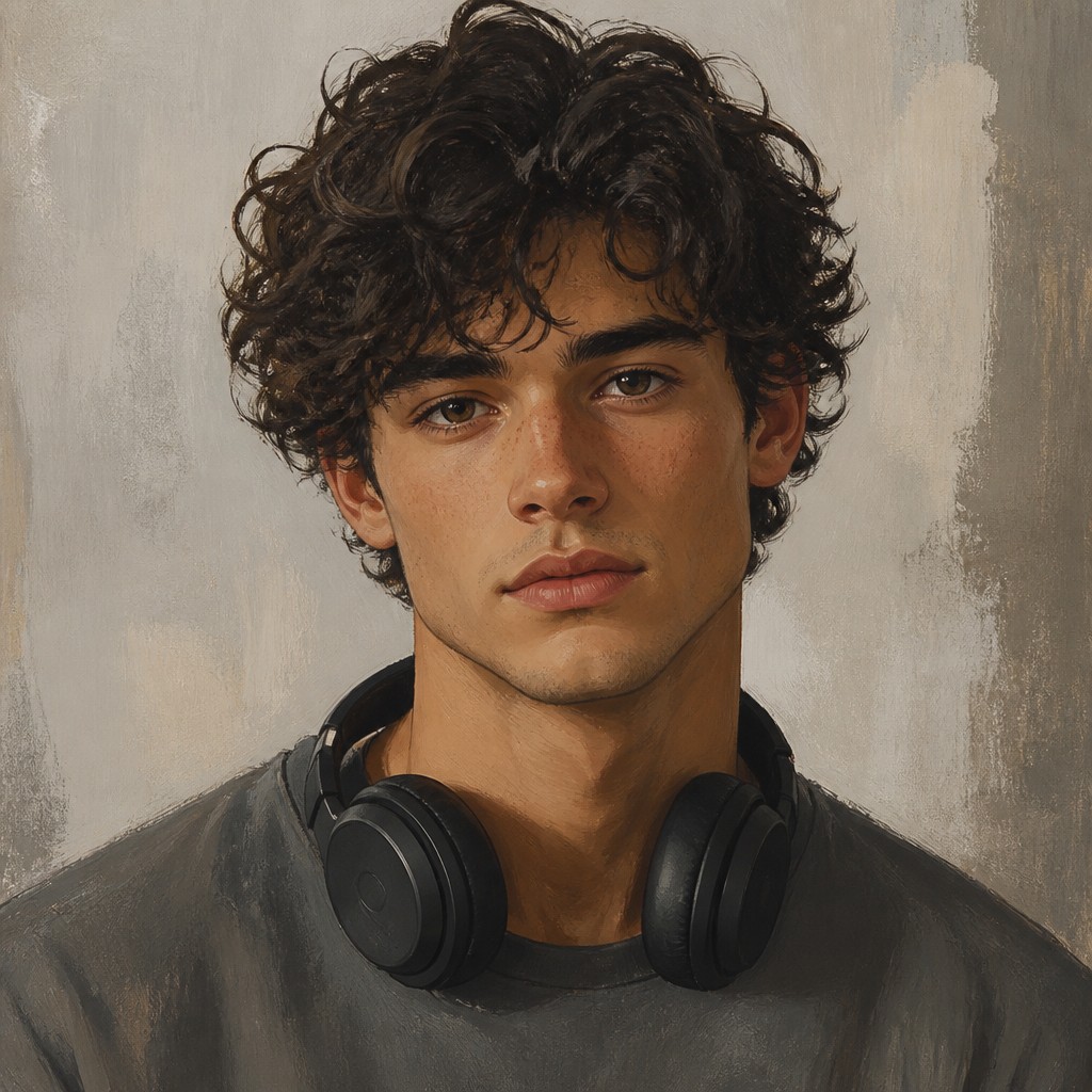 head-and-shoulders portrait of an original character: a young man with curly dark hair and headphones around his neck, plain backdrop, no text — Modern Farmhouse Interior Design Discord profile picture
