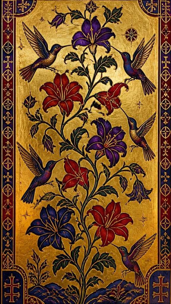 a climbing vine of flowers and hummingbirds on a dark background, tall wrapping composition, no text — Byzantine Religious Art phone case design