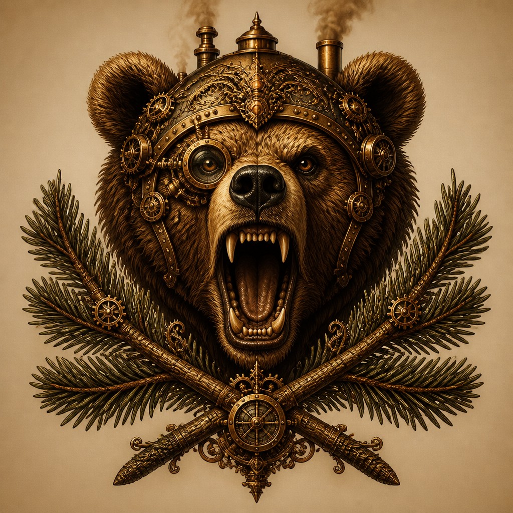 a roaring bear head above crossed pine branches, bold graphic composition on a plain background, no text — Steampunk Art Style t-shirt design