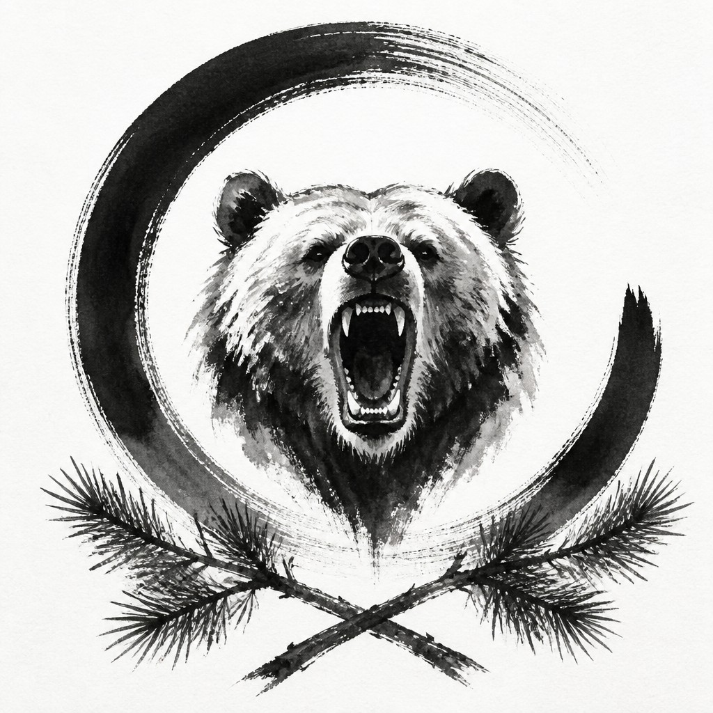 a roaring bear head above crossed pine branches, bold graphic composition on a plain background, no text — Zen Circle Minimalism Art Style t-shirt design