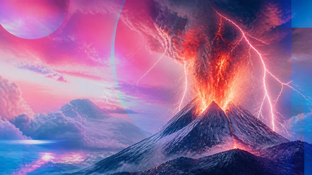 an erupting volcano with lightning strikes, dramatic wide composition, no text — Post-Internet Contemporary Art Style YouTube thumbnail