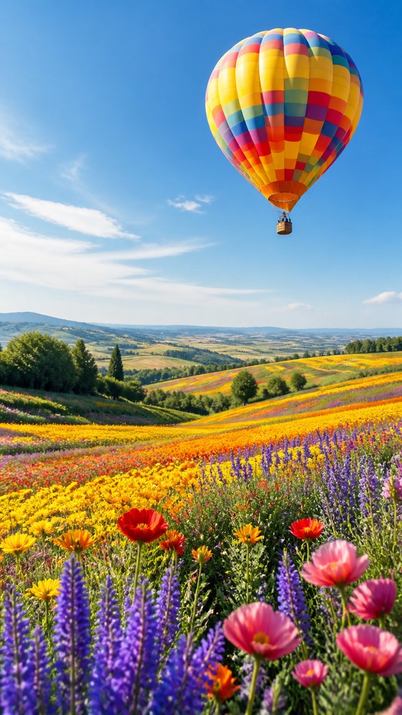 a hot air balloon drifting over rolling flower fields on a sunny day, cheerful, no text — Hyperrealistic Portrait Art Style greeting card