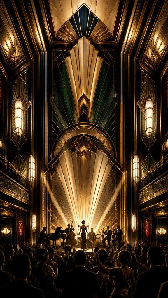 a live music scene with a glowing stage and silhouetted crowd, energetic vertical composition with open space at the top, no text — Art Deco Interior Design flyer