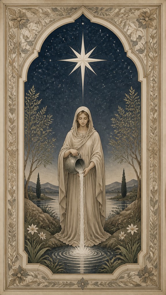 a robed figure pouring water beneath a large eight-pointed star in a night sky, symmetrical composition with an ornate decorative border, no text — Transitional Interior Design tarot card