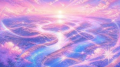 a wide river delta seen from above at sunset, no people — Magical Girl Anime Art Style wallpaper