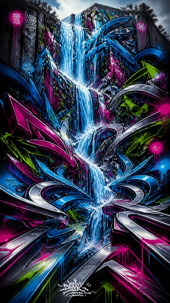 towering waterfall cascading down a cliff — Wildstyle Graffiti Street Art Style