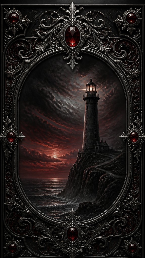 a lone lighthouse on a cliff at dusk under a dramatic sky, no text or lettering — Gothic Jewelry Design poster