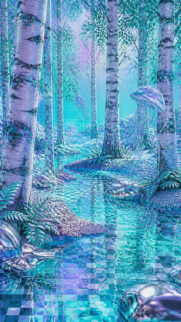 a serene birch forest in soft morning light, no people, no text — Seapunk Aesthetic wall art print