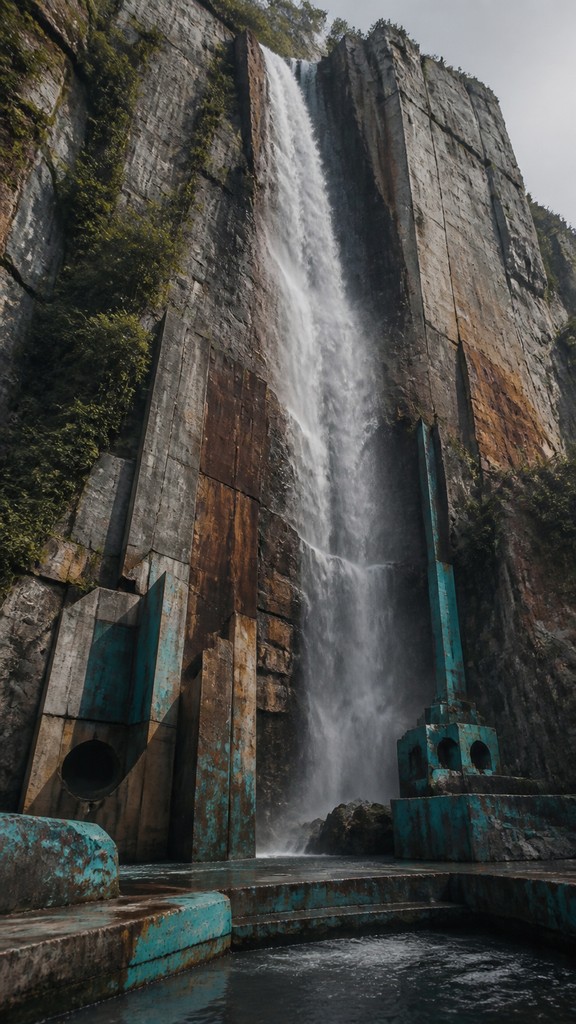 towering waterfall cascading down a cliff — Environmental Art Style